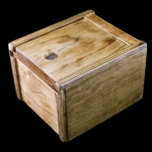 A wooden box with a lid on top of it.